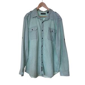 DKNY Baggy Checkered Linen Blend Lt. Mint Green Button Down Shirt Roll Sleeves